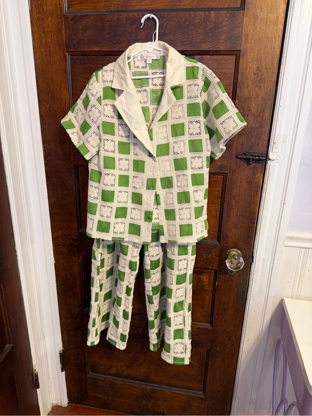 Anthropologie Green and Cream Checked summer Set by Flat White